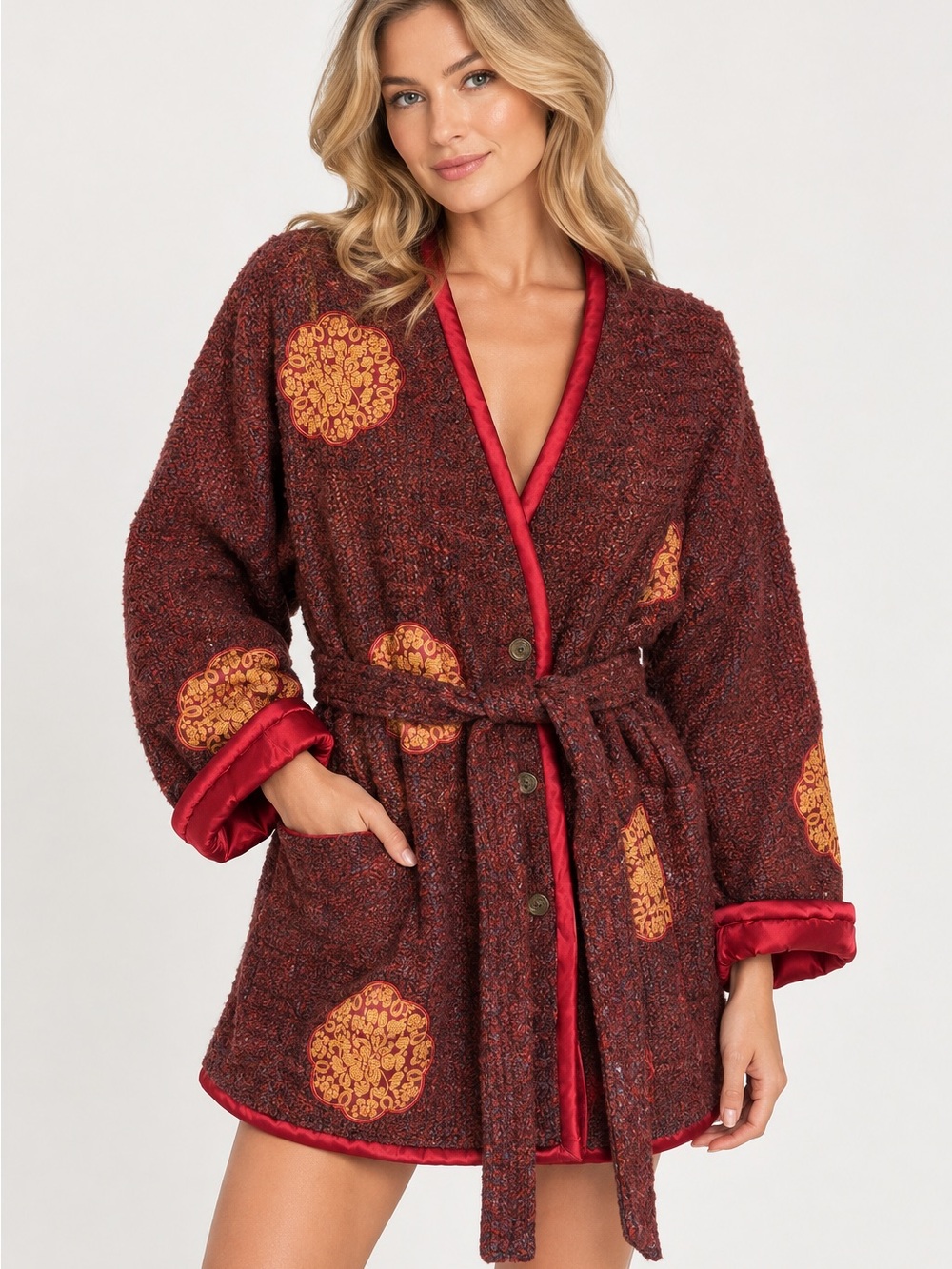 Vintage Victoria's Secret Burgundy Robe with Gold Medallion Print 90s RARE